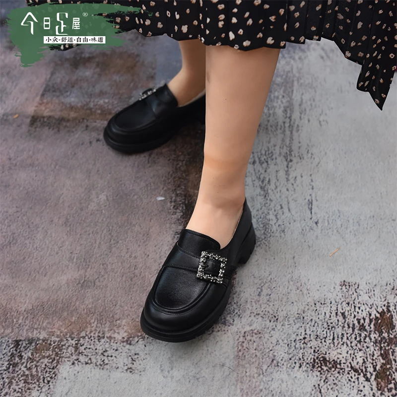 春夏水钻方扣舒适一脚蹬乐福鞋厚底圆头百搭小皮鞋女单鞋241023
