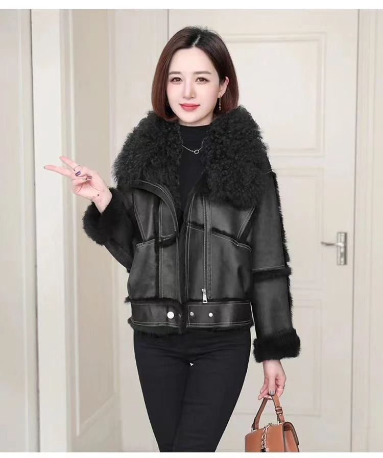 2023年新品皮毛一体外套女兔毛羊羔毛领气质皮草机车款外套加厚