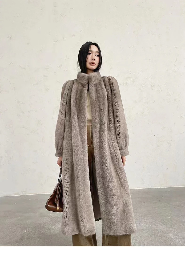 3872丨时尚新款女士水貂皮草外套长款立领修身貂皮大衣