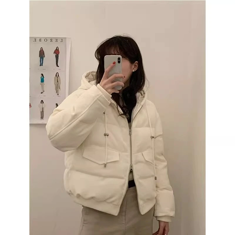 HGE睡格好觉 米白色连帽羽绒棉服 洋气短款棉衣外套