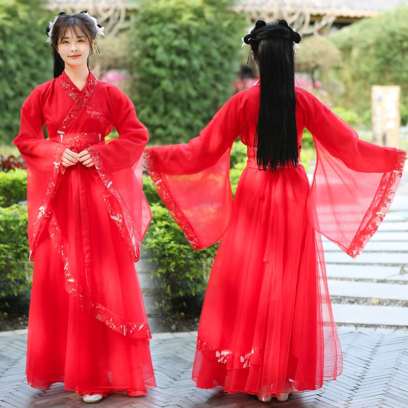 古装服装仙女飘逸广袖舞台装古筝舞蹈演出服古代改良中秋汉服红色