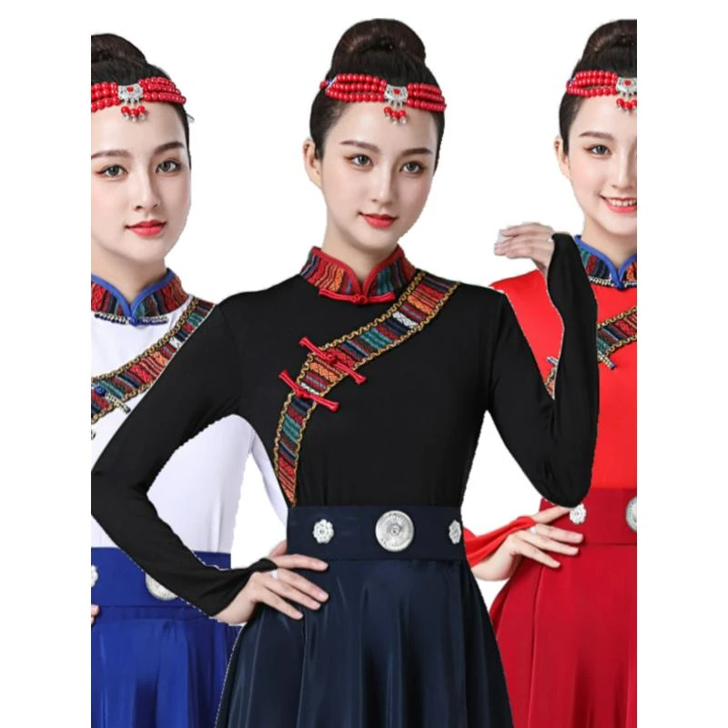 藏族舞蹈服演出服装女装单件套袖上衣民族风蒙族演出服装大摆裙子