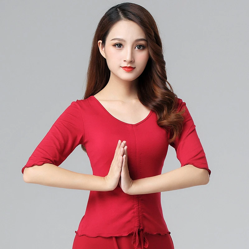 肚皮舞练功服弹性修身圆领抽绳运动瑜伽上衣柔软莫代尔现代舞上衣