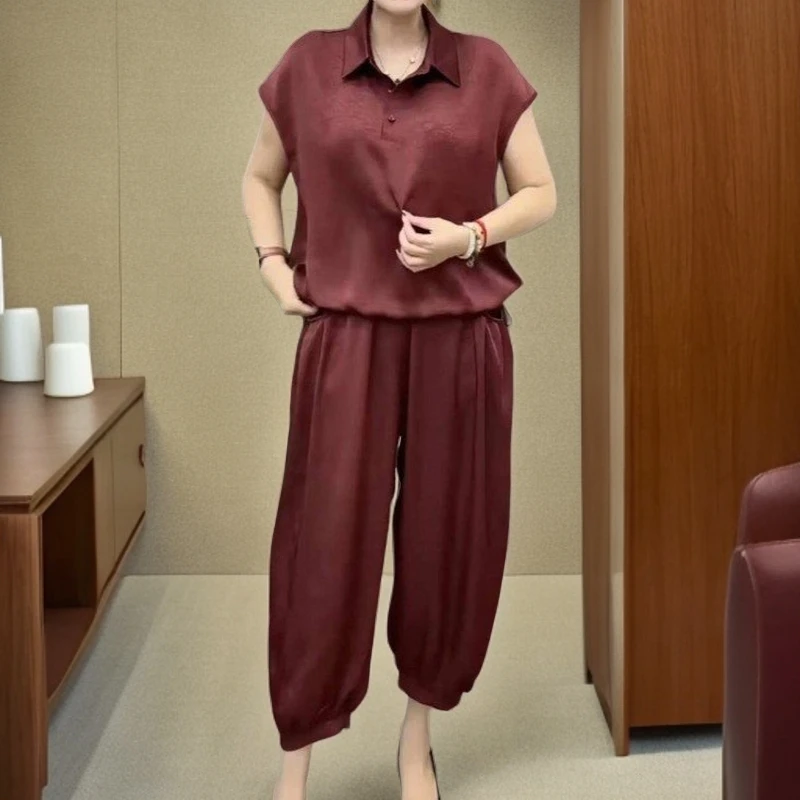 抓花锻面上衣裤子一套装妈妈装气质大码时尚夏季韩版洋气显瘦宽