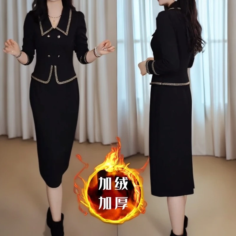 秋冬新款时尚长袖连衣裙女气质收腰显瘦加绒保暖百搭打底裙子