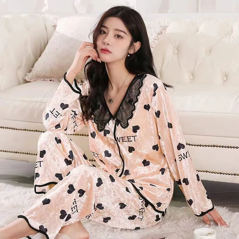 金丝绒睡衣女春秋冬季开衫套装甜美宽松大码可外穿家居服Y