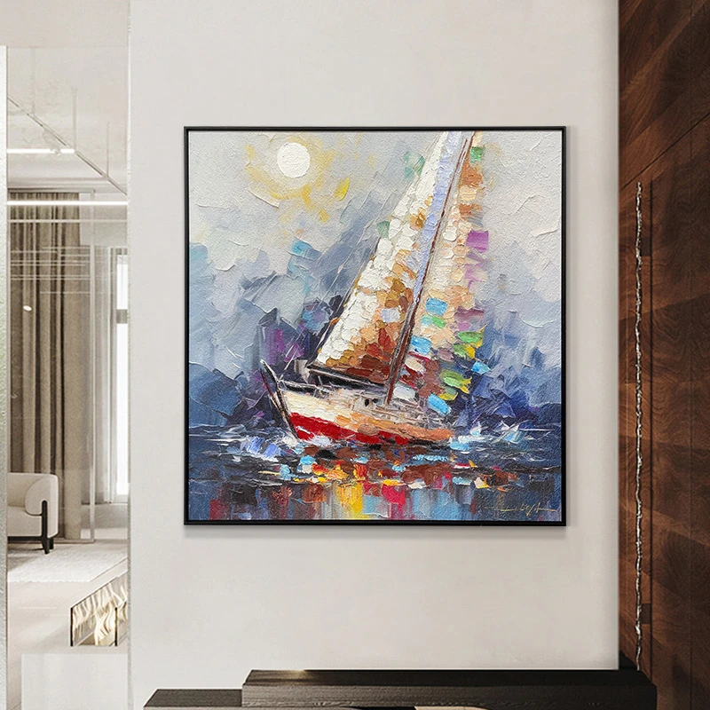 添笔油画抽象画竖版简约现代走廊装饰画立体艺术挂画帆船8080