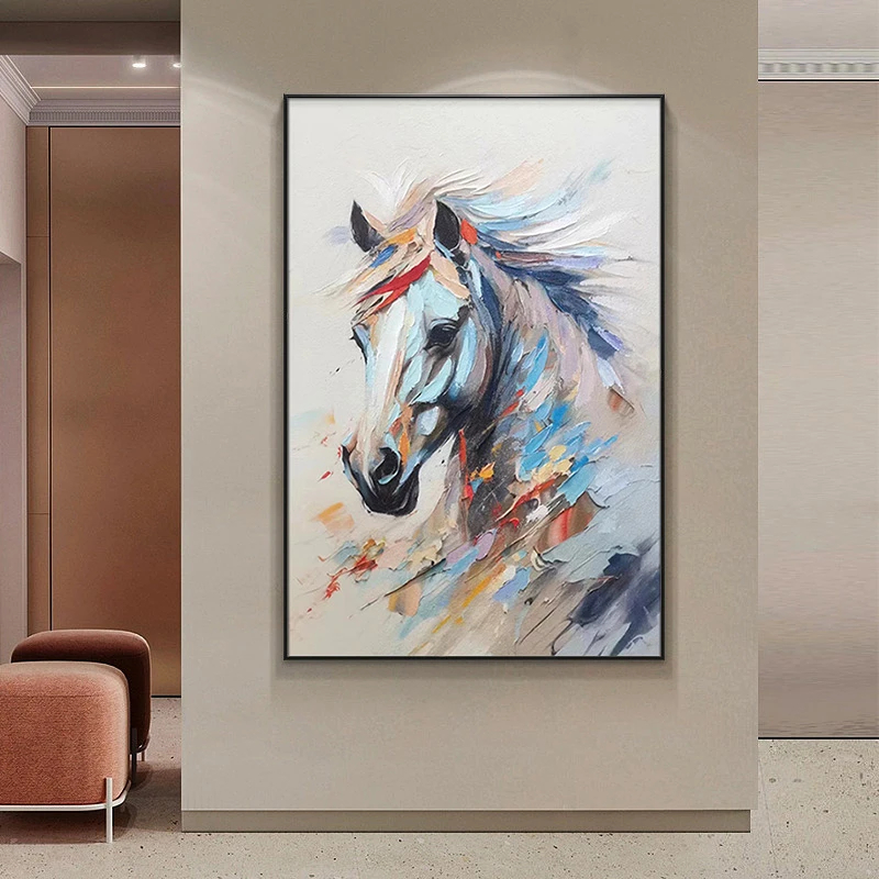 手工砂岩油画马现代轻奢玄关挂画走廊过道尽头装饰画白马80120