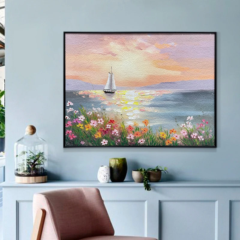 出风景添笔油画卧室床头装饰画温馨玄关壁画餐厅挂画花海6080