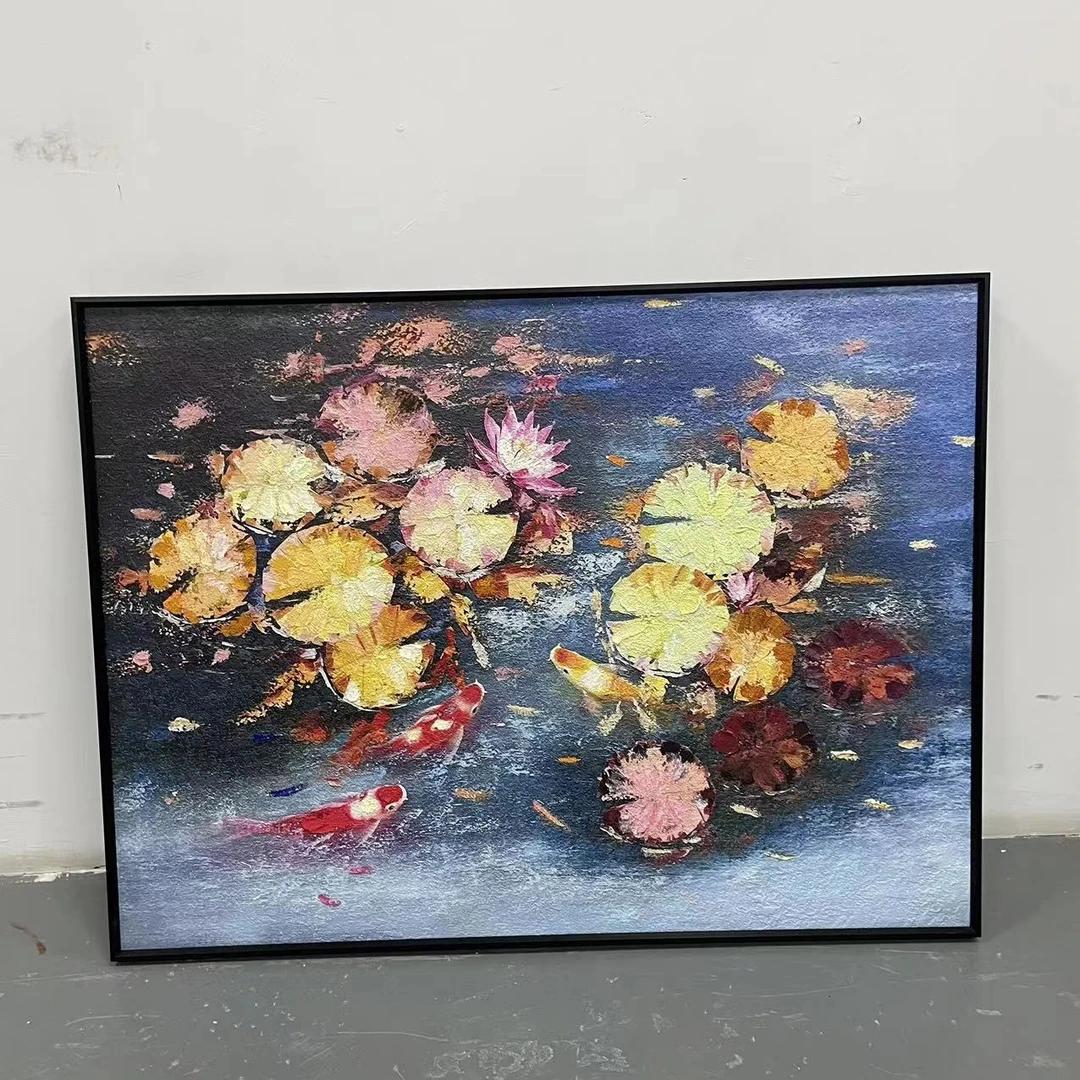 手工油画添笔油画走廊过道客厅背景墙画现代简约油画睡莲6080