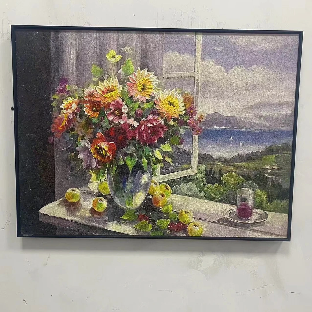 油画砂岩添笔油画走廊过道客厅背景墙画现代简约油画菊花6080