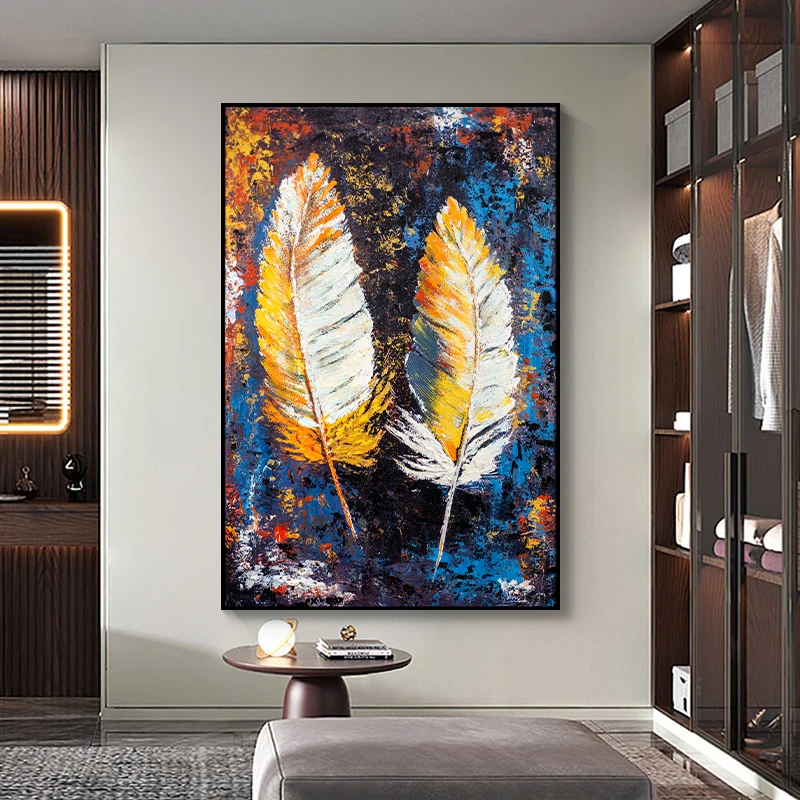 现代简约玄关装饰画轻奢砂岩油画进门玄幻挂画过道壁画羽毛100150