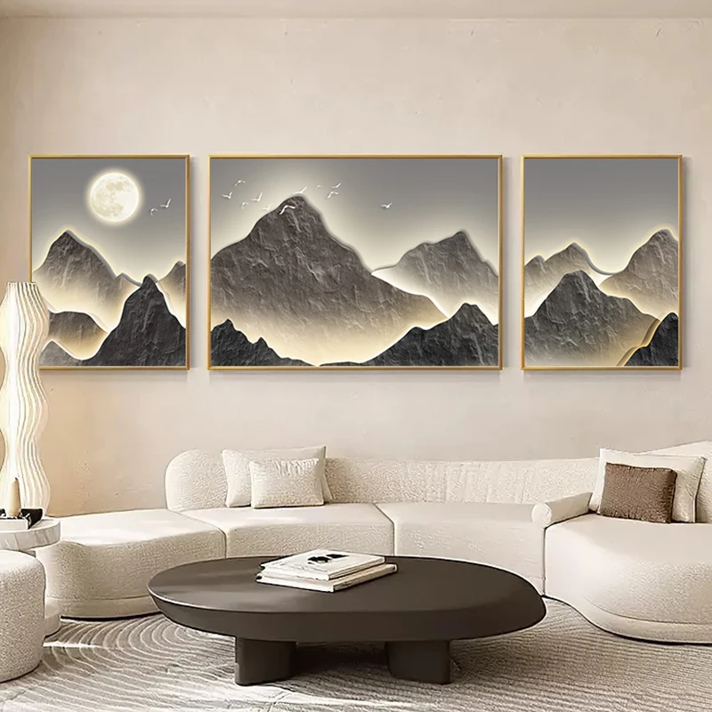 现代新中式山沙发背景墙装饰画客厅轻奢挂画三联山70200