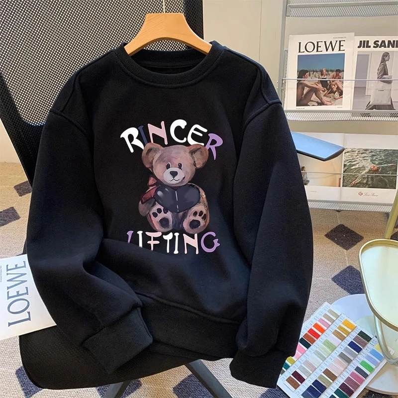 黑色圆领连帽卫衣女2024早秋冬季新款欧货大码加绒上衣洋气潮牌