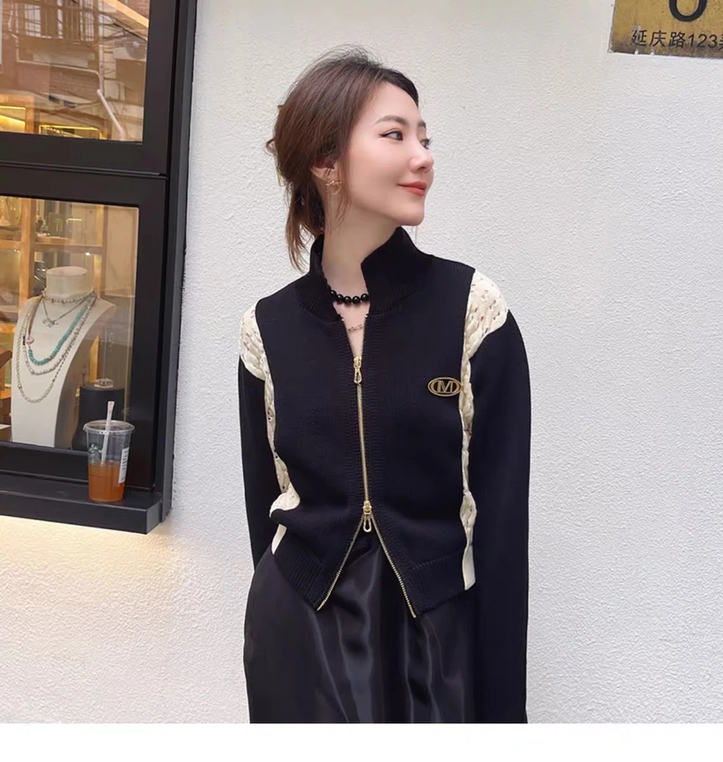 【B1597】｜D｜复古撞色拼接双拉头长袖短款针织开衫女