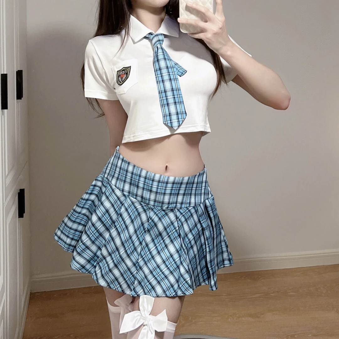 新款清纯可爱制服套装分体学院风女性感水手服jk显瘦夏季格子高腰