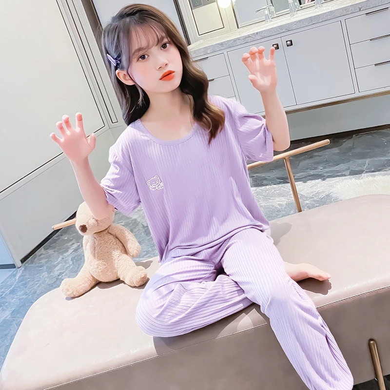 莫代尔睡衣儿童不掉色不起球女童冰丝短袖长裤空调服套装可以外穿
