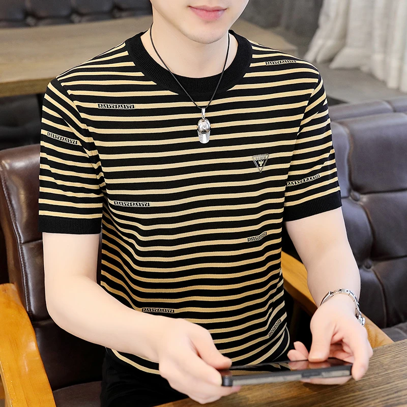 男士圆领针织短袖夏季新款韩版修身薄款透气潮流百搭帅气t恤上衣