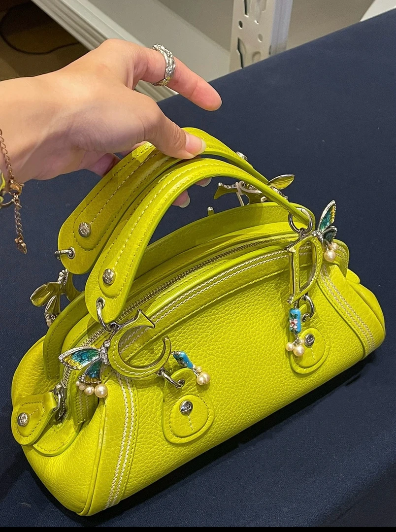 95新 DIOR/迪奥 夏七中古/果绿色/珍珠珐琅蝴蝶侦探/手提包