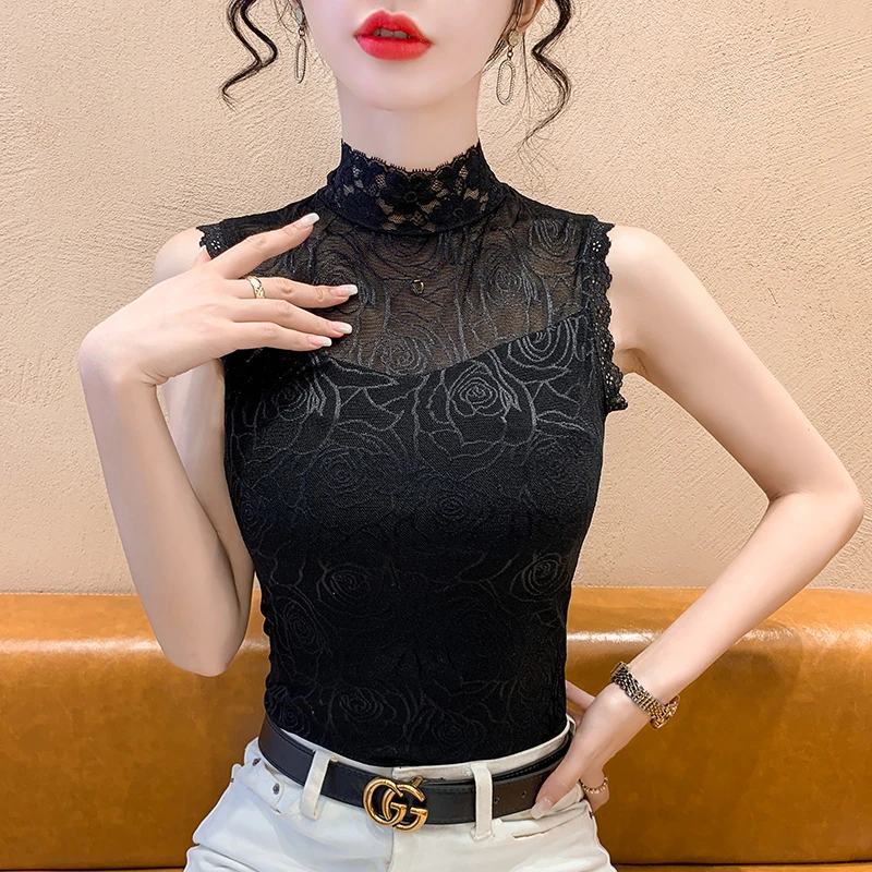 2024秋冬蕾丝背心女内搭打底衫配毛衣百搭时尚无袖半高领假领子薄