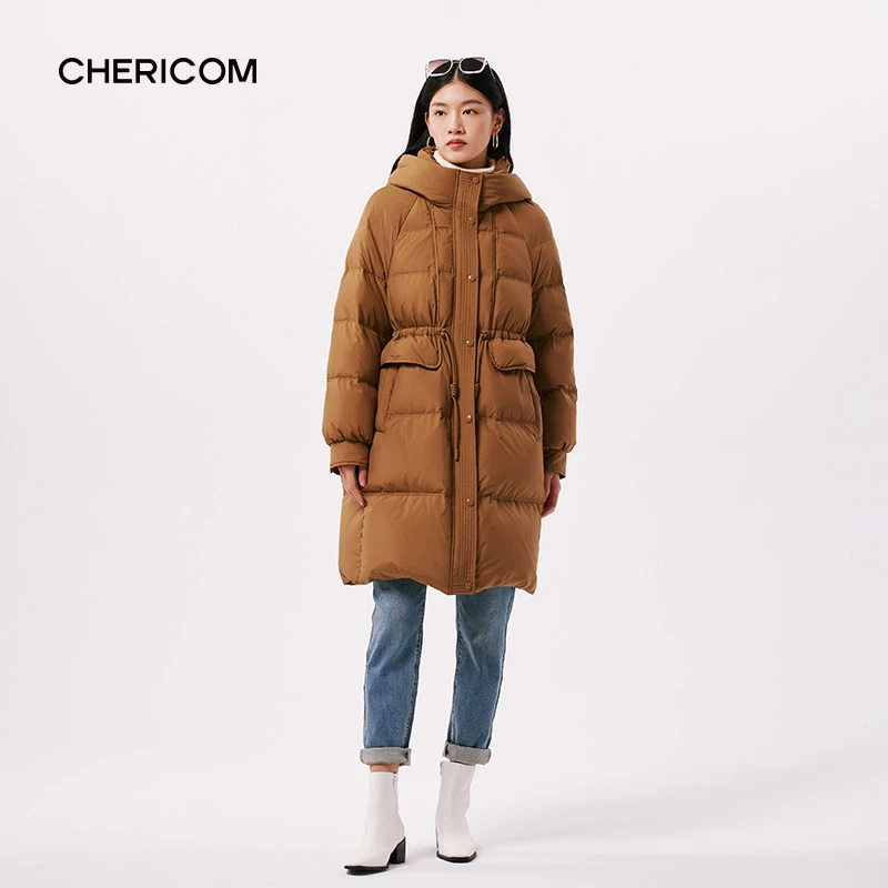 Chericom/千仞岗秋冬连帽大口袋中长款拉链防风袖女士外套299188