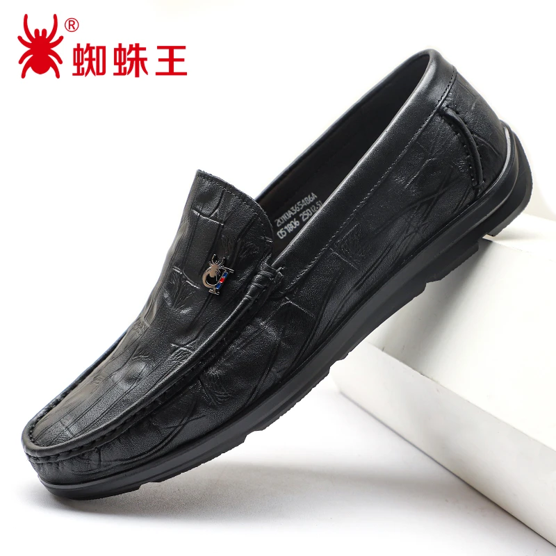 蜘蛛王男鞋夏季豆豆鞋秋季牛皮透气休闲皮鞋男士商务一脚蹬休闲鞋