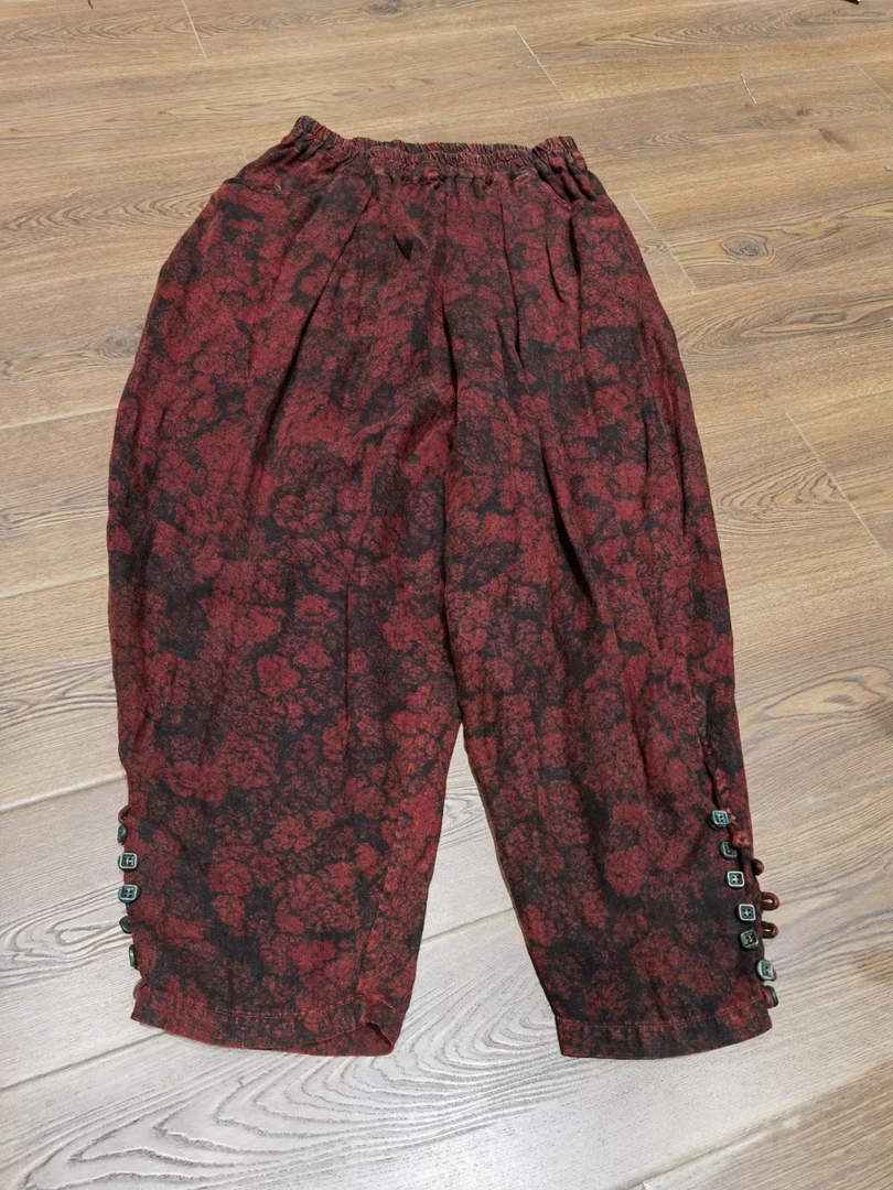 麻依者～春秋款～设计师经典款～花色亚麻～扣裤腿～裤子款号735