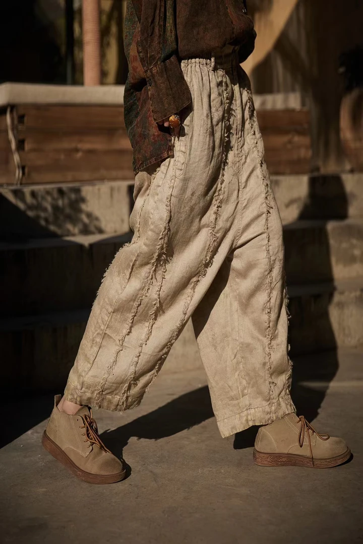 麻依者～新款做旧提花亚麻毛边长裤～均码款号1219休闲百搭宽松复古