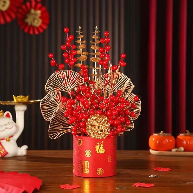 春节装饰摆件发财果红果仿真花艺元旦过年一整套福桶插花乔迁礼物