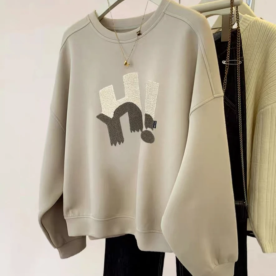 高级感卡其色字母加绒加厚卫衣女2024秋冬爆款设计感宽松无帽上衣