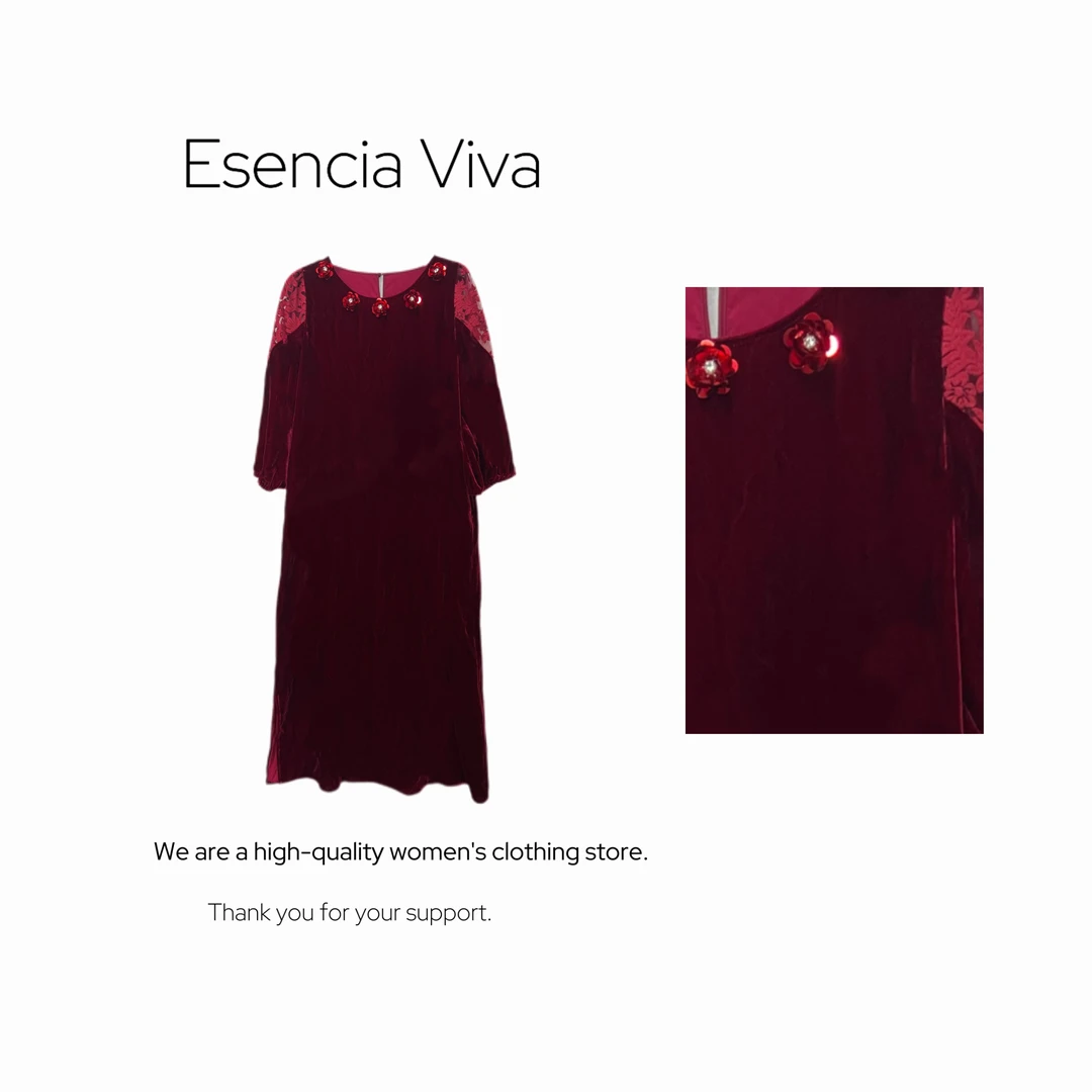 Esencia Viva【山城玫瑰】100%桑蚕丝珠片刺绣红色连衣裙EVQZ0289