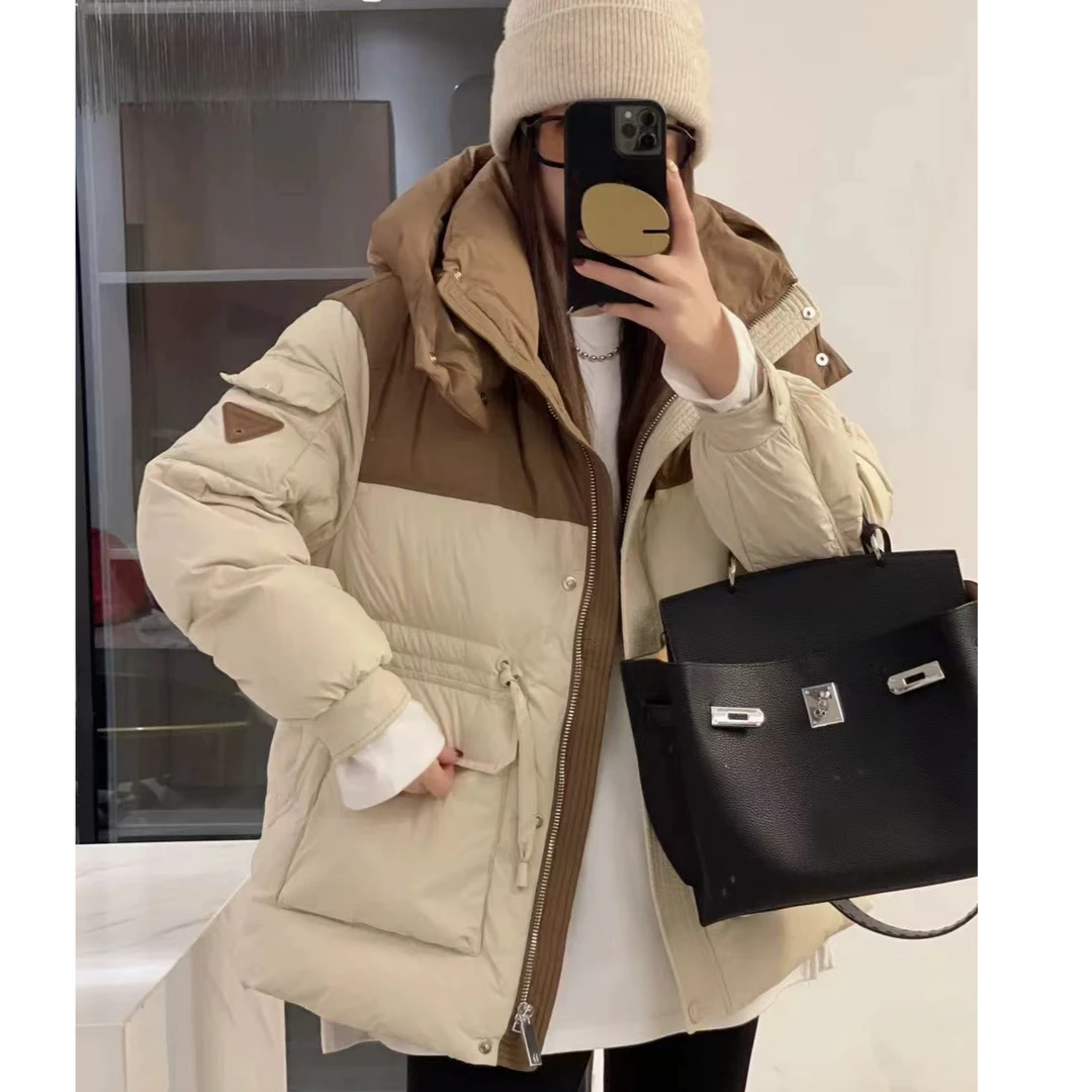 2024冬季韩版连帽撞色中长款收腰抽绳外套N2638