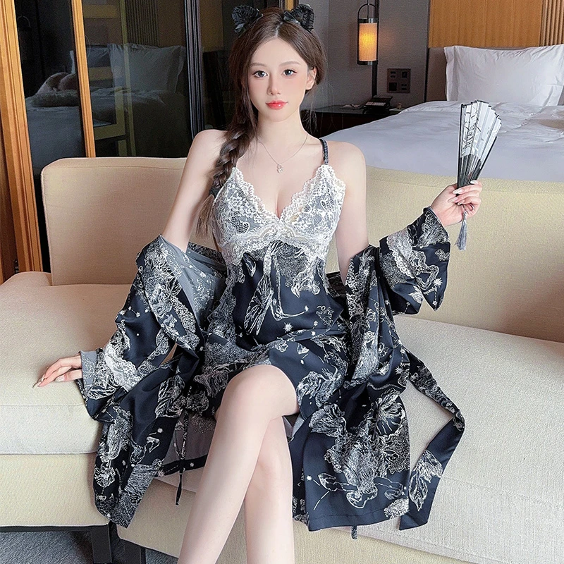 夏季性感睡衣女蕾丝美背吊带睡裙高级感睡袍薄款宽松冰丝绸家居服