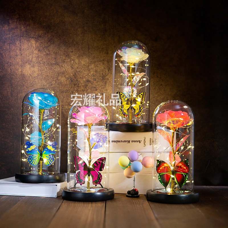 情人节永生花玻璃罩玫瑰花摆件送女友闺蜜生日婚礼求婚礼品小夜灯