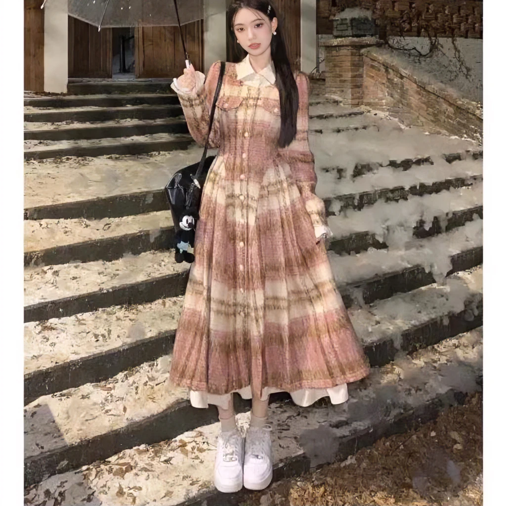 甜美复古格子假两件拼接连衣裙气质小个子少女法式学生9850