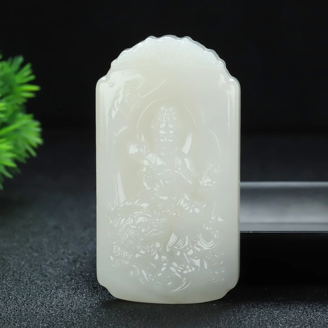 和田玉青海料双面雕刻男士观音牌文殊菩萨观音属兔守护神挂牌吊坠