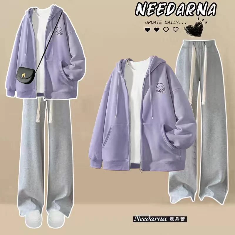 女大童初中学生套装秋冬微胖显瘦遮肉两件套开衫外套阔腿长裤洋气