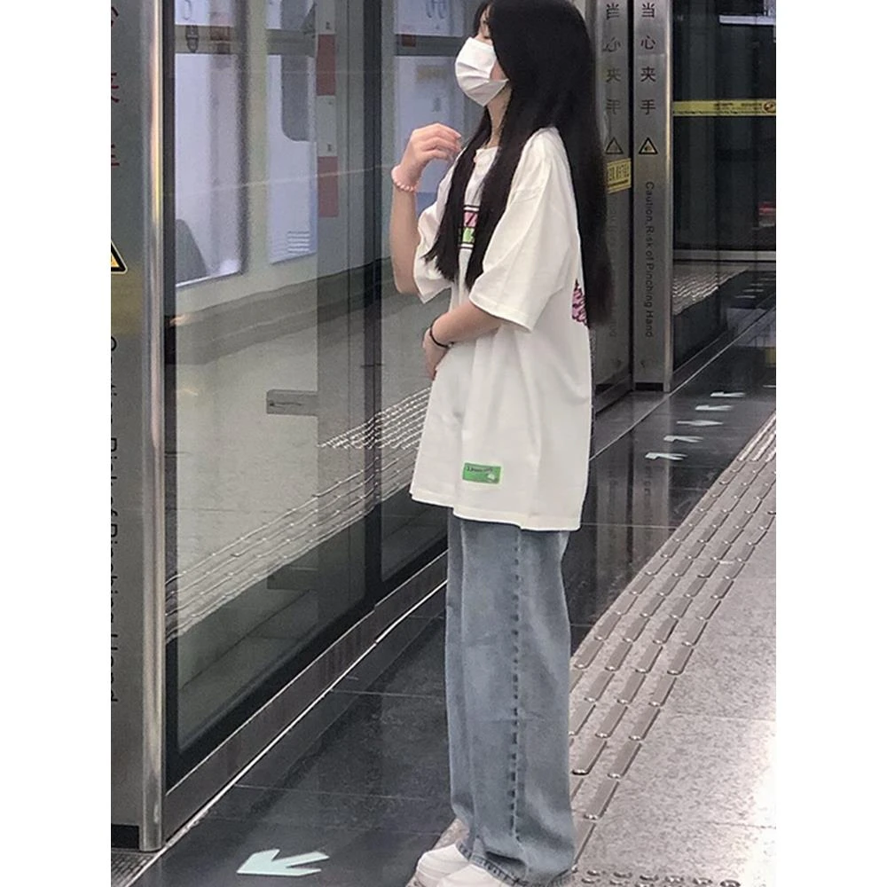 2025夏季新款盐系穿搭一整套学院风宽松短袖上衣休闲牛仔裤套装女