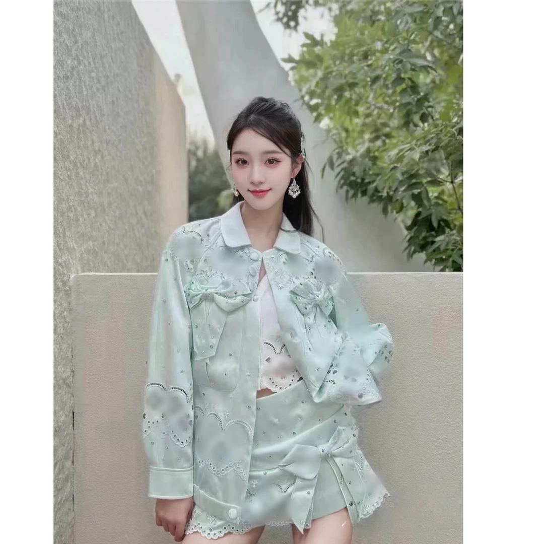 【芊羽原版轻奢高定】早秋新款薄荷绿刺绣重工镂空钉珠外套时髦半裙