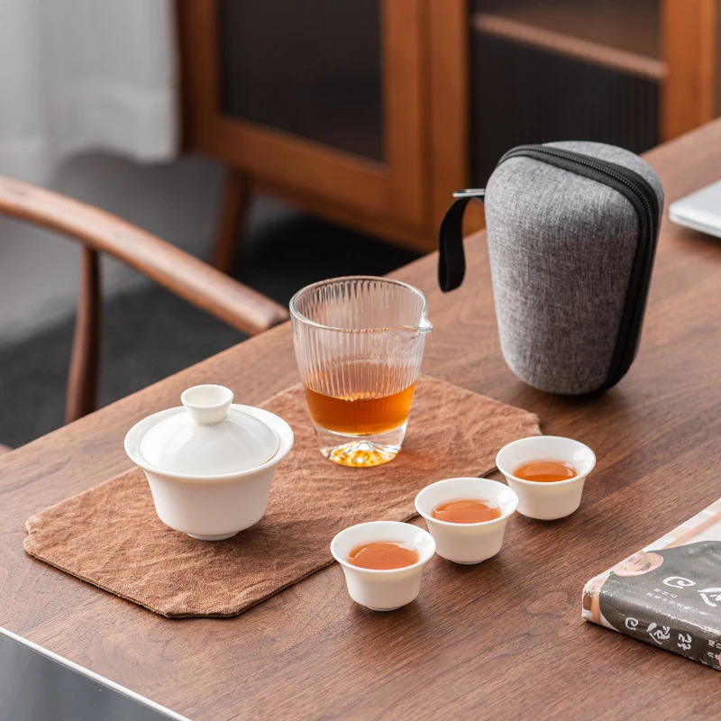 五优家家羊脂玉瓷高档户外旅行茶具套装批发快客杯便携陶瓷礼品