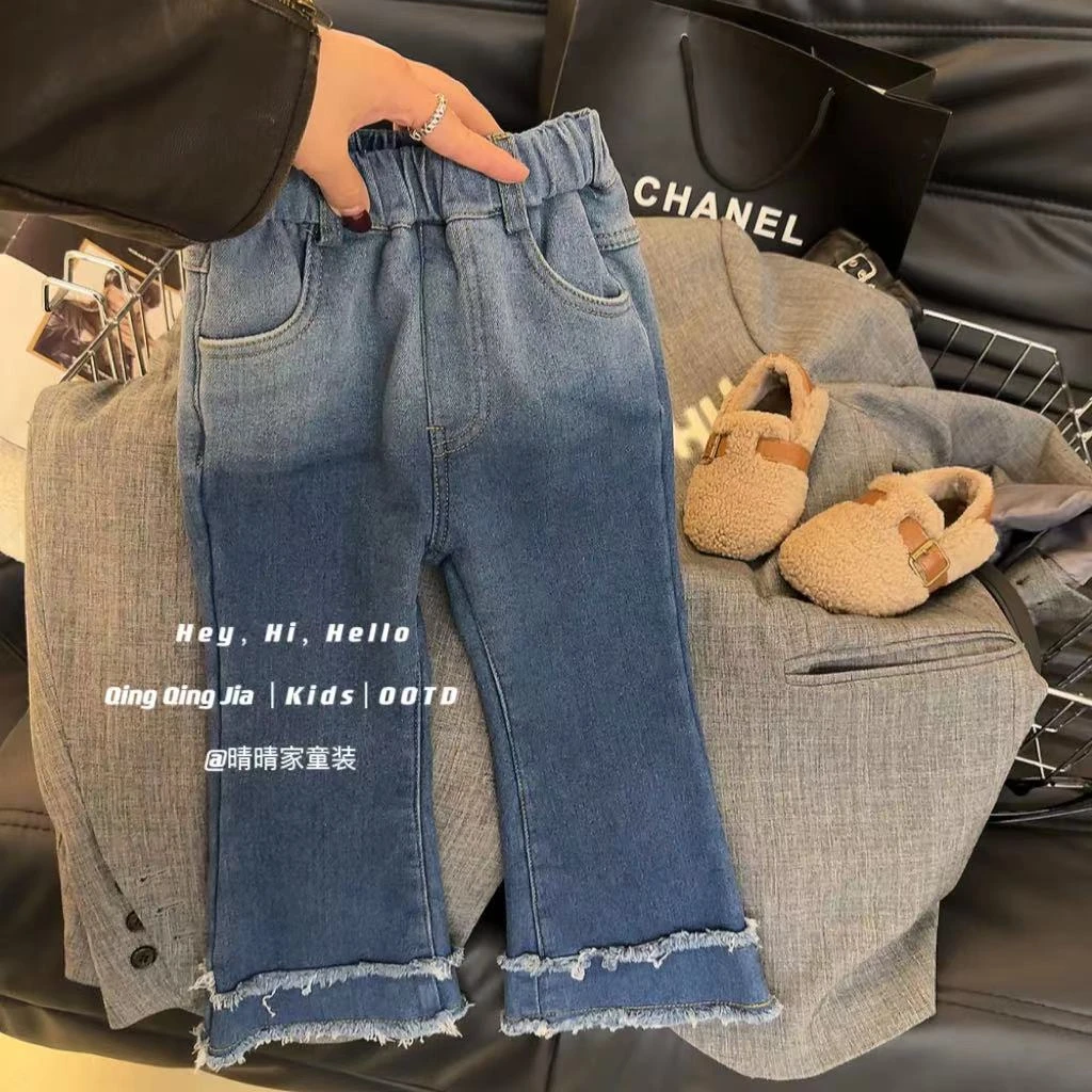 儿童秋冬裤子女童洋气毛边一体加绒保暖休闲水洗牛仔裤D68130嘉