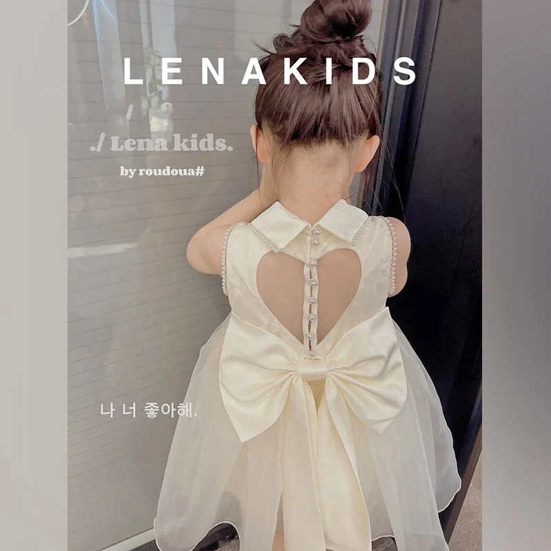 女童夏季儿童公主2023新款甜美大蝴蝶结露背拼纱珠光礼服裙S23226