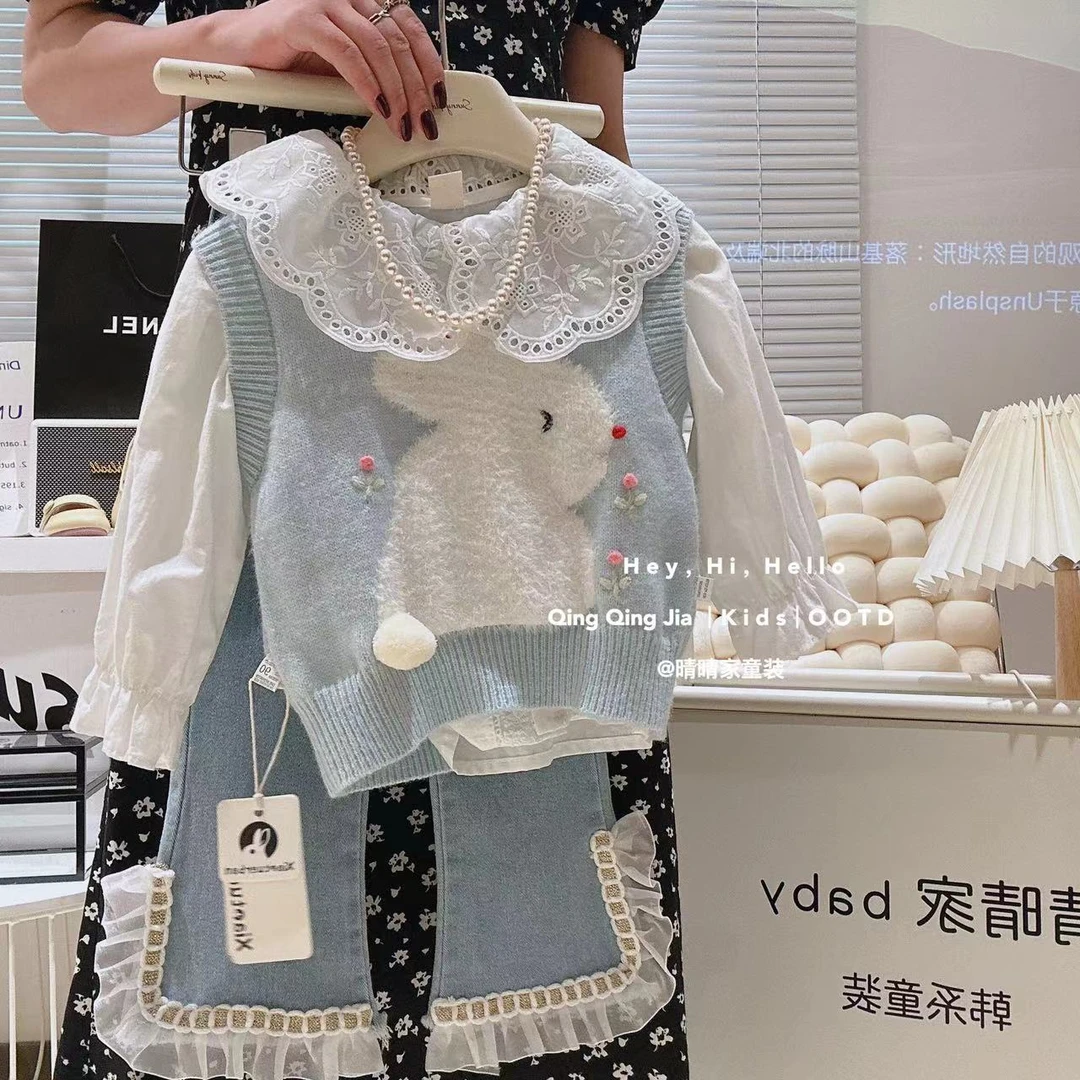 女童春季套装儿童卡通针织马甲荷叶衬衫牛仔裤洋气三件套GZ9119鱼