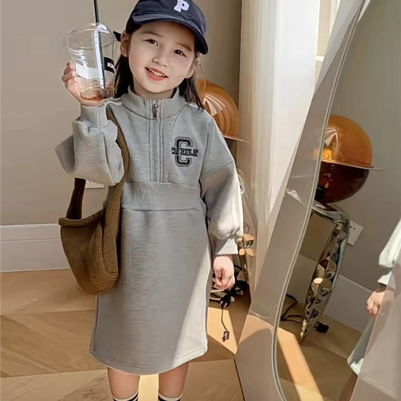 女童春季连衣裙2024新儿童时尚洋气字母中长款休闲卫衣裙RQ316鱼
