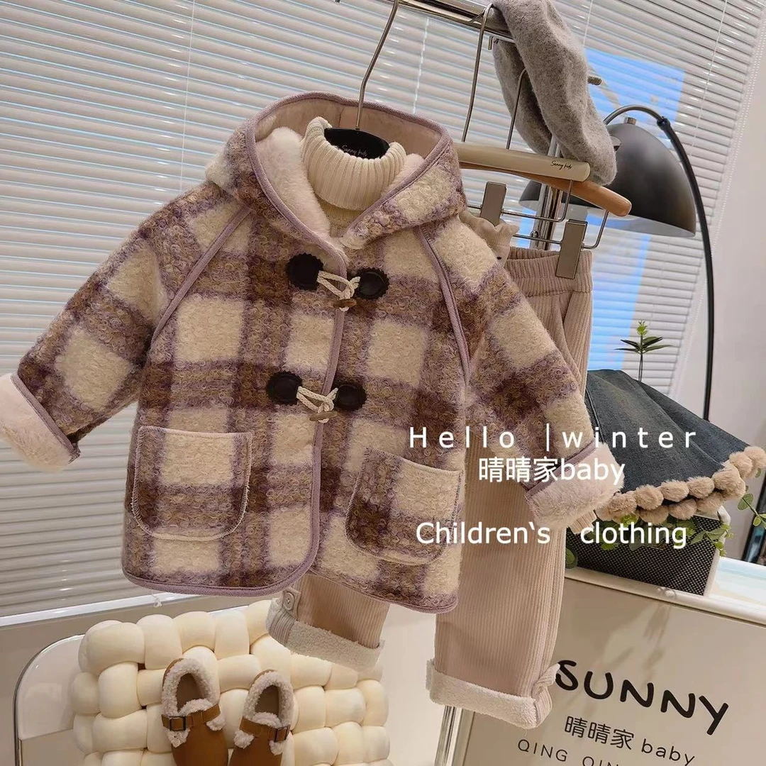 女童秋冬外套儿童双面毛毛羊角扣连帽加厚保暖呢子大衣78185啦