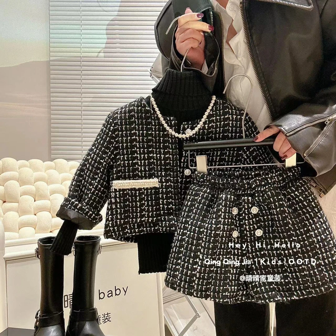 女童春冬小香风套装儿童洋气编织短款外套短裙两件套新款TW072鱼