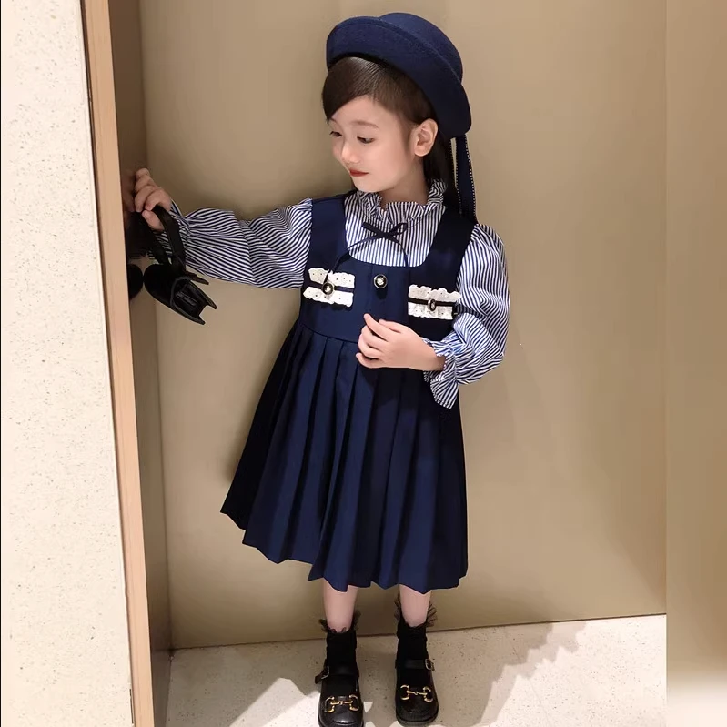 女童春冬连衣裙儿童学院风条纹打底衫拼接假两件公主裙新TQ606鱼