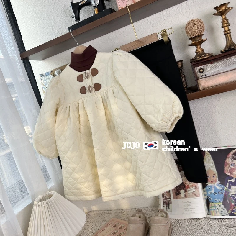 女童春冬连衣裙儿童洋气羊角扣夹棉保暖菱格公主裙新款D68118嘉