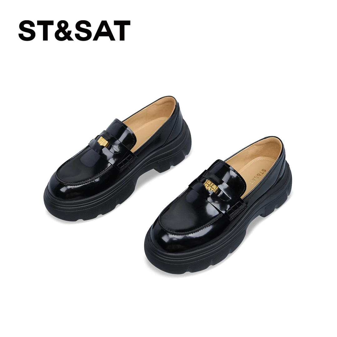 【乐扣结】星期六春季新款真皮透气时尚休闲厚底乐福女鞋1B0Y