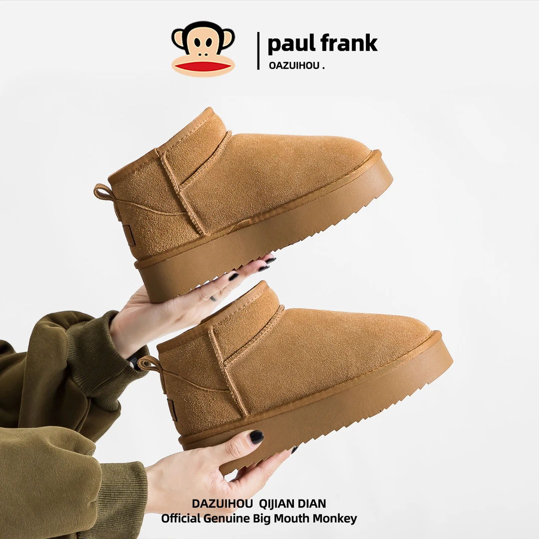 大嘴猴雪地靴女款厚底短靴平底加绒加厚冬季保暖棉鞋毛毛鞋子新